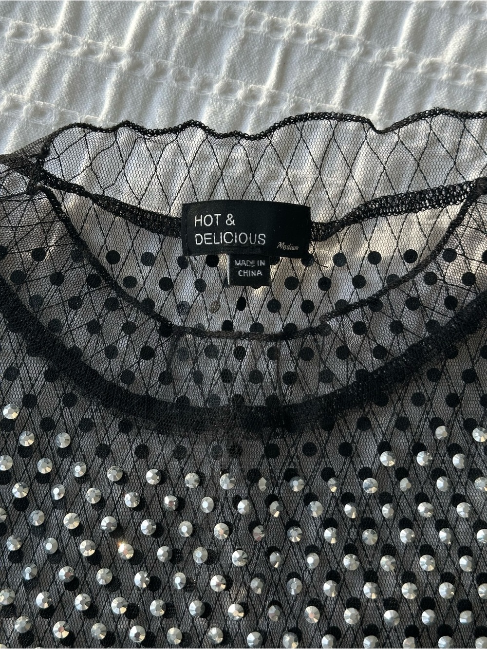 Black Mesh Rhinestone Crop Top - Picture 2 of 2